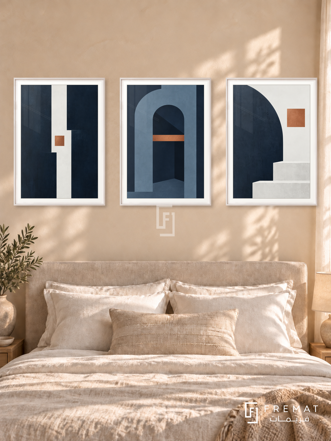 Midnight Architecture — set of three complementary modern abstract artworks in White frames, shown at 50×70 cm each.