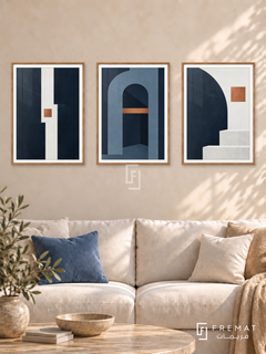 Midnight Architecture — set of three complementary modern abstract artworks in Wooden Texture frames, shown at 50×70 cm each.