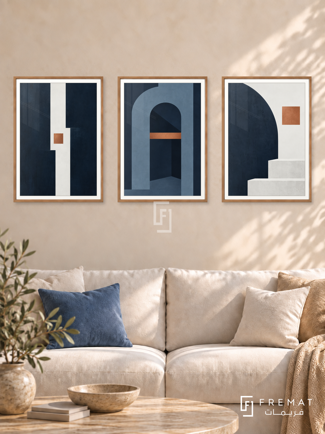 Midnight Architecture — set of three complementary modern abstract artworks in Wooden Texture frames, shown at 50×70 cm each.