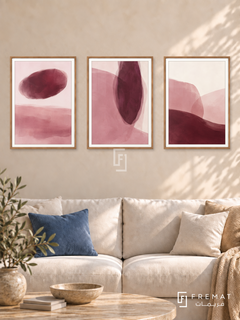 Blush And Burgundy — set of three complementary modern abstract artworks in Wooden Texture frames, shown at 50×70 cm each.