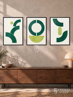 Emerald Pulse — set of three complementary modern abstract artworks in Black frames, shown at 50×70 cm each.