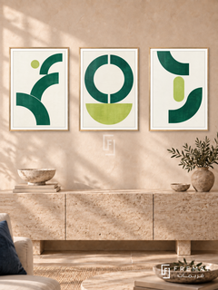 Emerald Pulse — set of three complementary modern abstract artworks in Gold frames, shown at 50×70 cm each.
