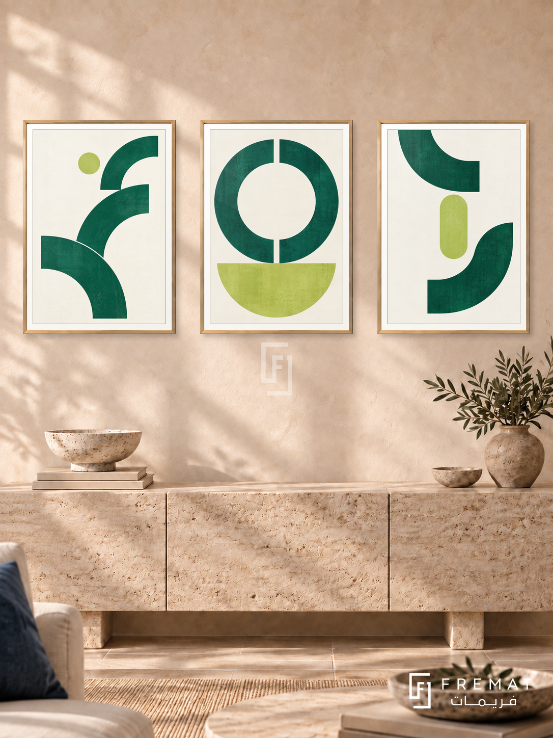 Emerald Pulse — set of three complementary modern abstract artworks in Gold frames, shown at 50×70 cm each.