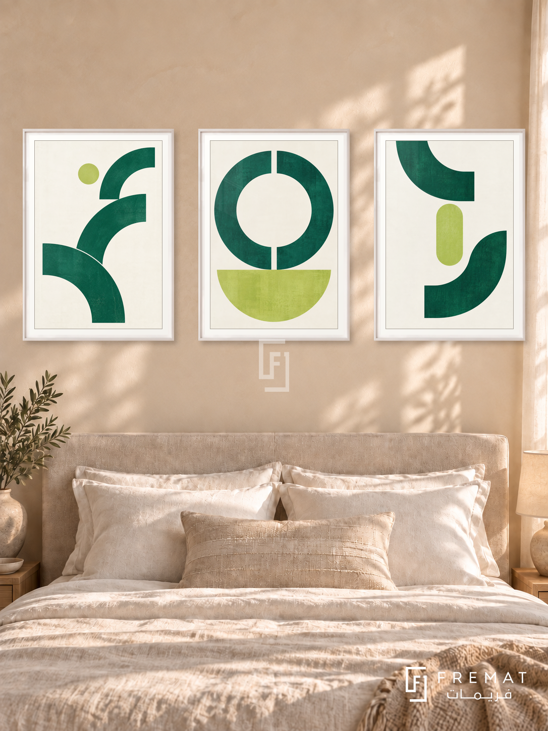 Emerald Pulse — set of three complementary modern abstract artworks in White frames, shown at 50×70 cm each.