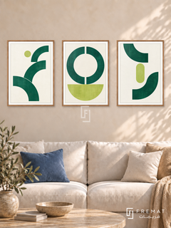 Emerald Pulse — set of three complementary modern abstract artworks in Wooden Texture frames, shown at 50×70 cm each.