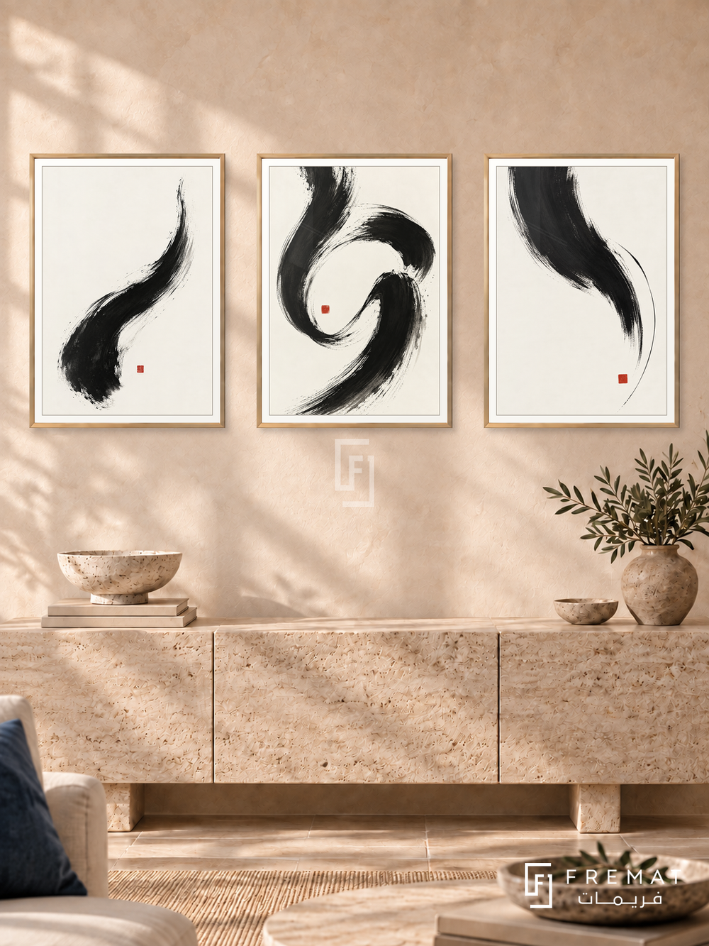 Ink In Motion — set of three complementary modern abstract artworks in Gold frames, shown at 50×70 cm each.