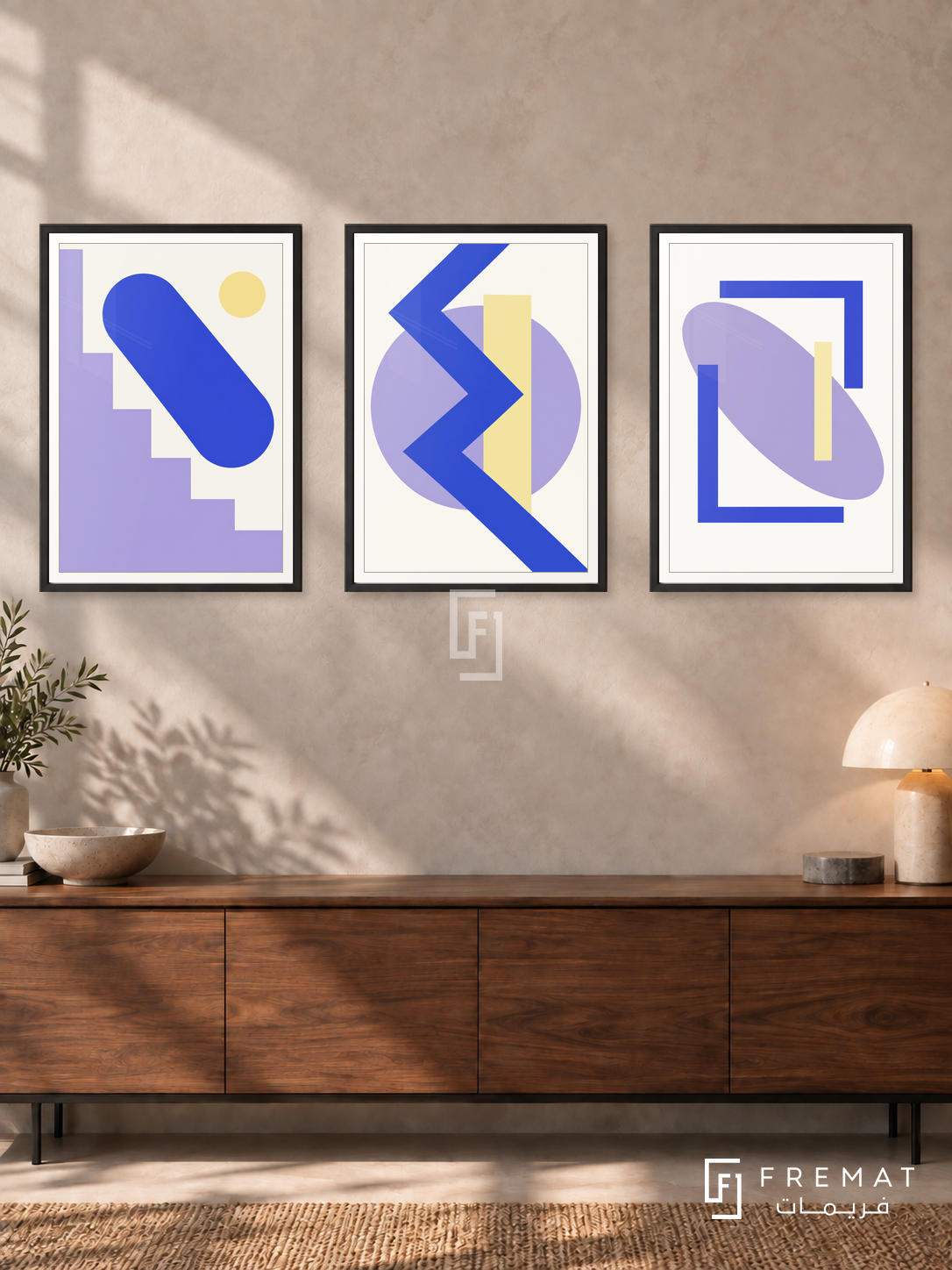 Lavender Signal — set of three complementary modern abstract artworks in Black frames, shown at 50×70 cm each.