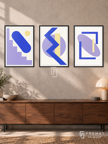 Lavender Signal — set of three complementary modern abstract artworks in Black frames, shown at 50×70 cm each.