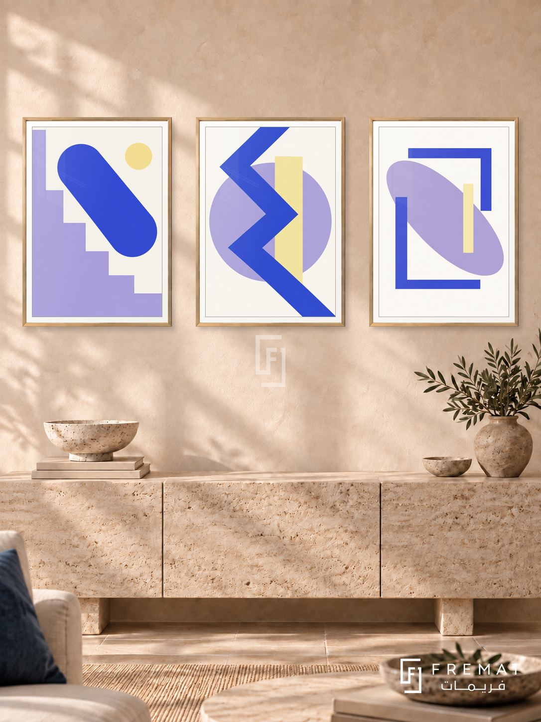 Lavender Signal — set of three complementary modern abstract artworks in Gold frames, shown at 50×70 cm each.