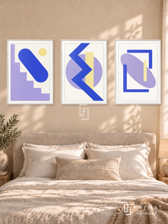Lavender Signal — set of three complementary modern abstract artworks in White frames, shown at 50×70 cm each.