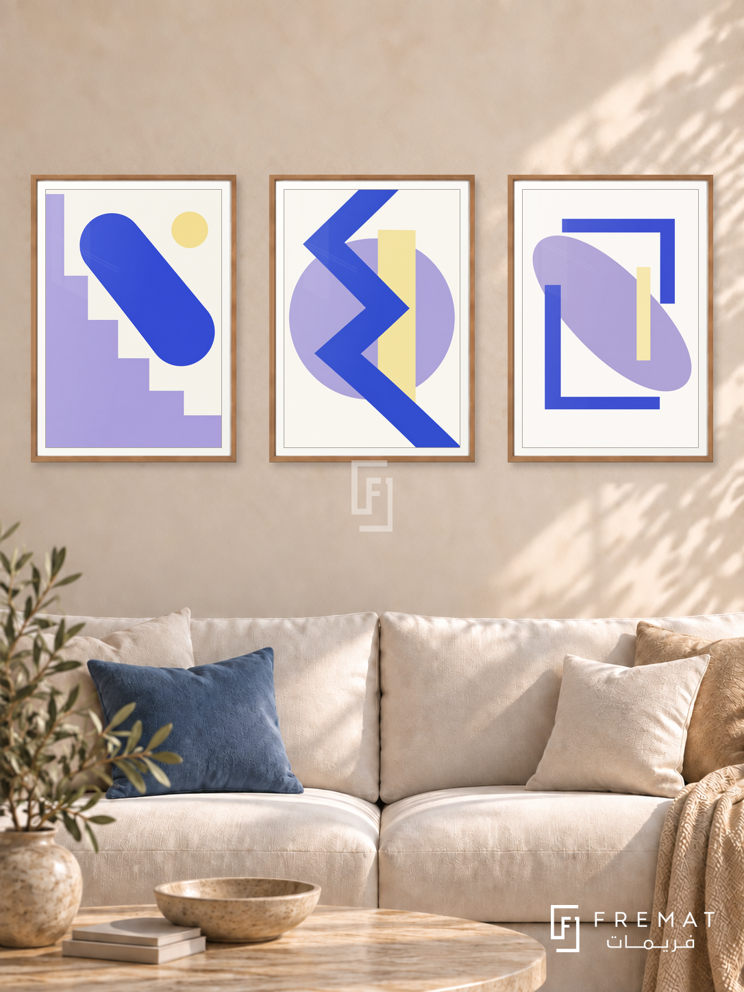 Lavender Signal — set of three complementary modern abstract artworks in Wooden Texture frames, shown at 50×70 cm each.