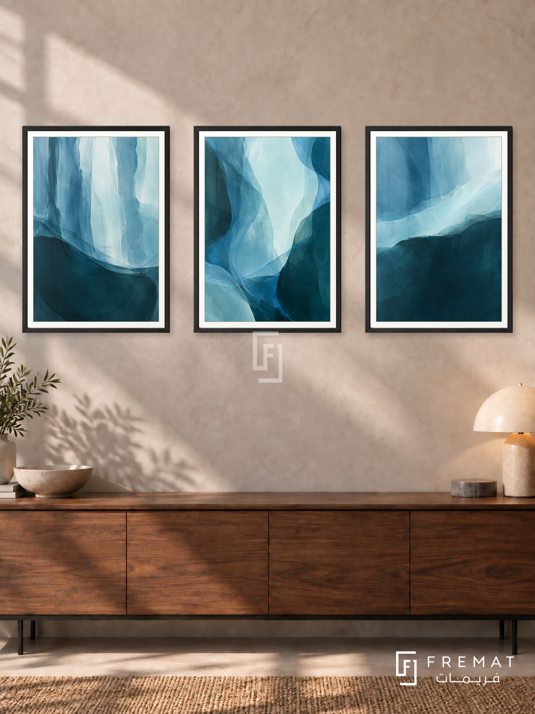 Tidal Depth — set of three complementary modern abstract artworks in Black frames, shown at 50×70 cm each.