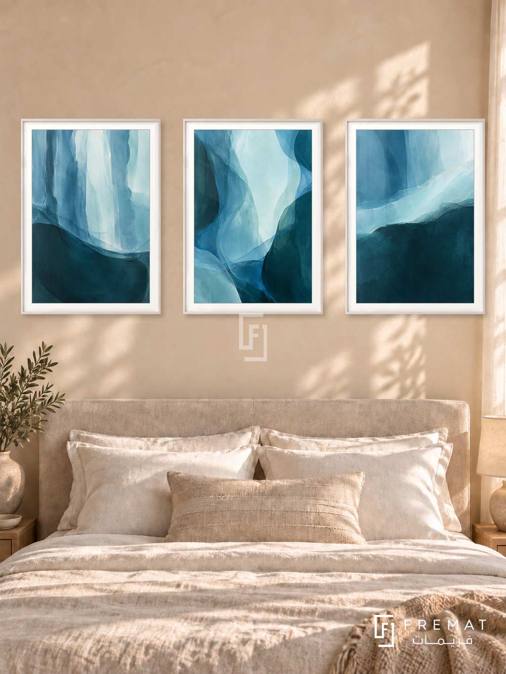Tidal Depth — set of three complementary modern abstract artworks in White frames, shown at 50×70 cm each.