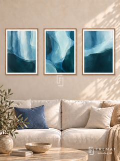 Tidal Depth — set of three complementary modern abstract artworks in Wooden Texture frames, shown at 50×70 cm each.