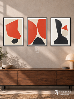 Vermilion Balance — set of three complementary modern abstract artworks in Black frames, shown at 50×70 cm each.