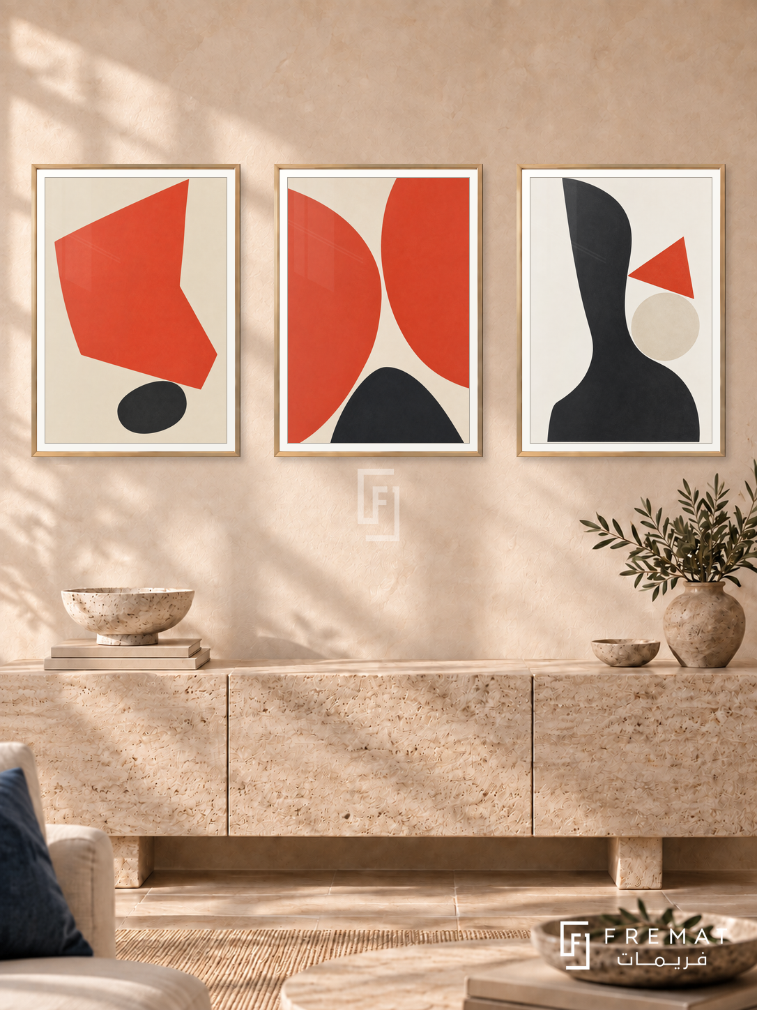 Vermilion Balance — set of three complementary modern abstract artworks in Gold frames, shown at 50×70 cm each.