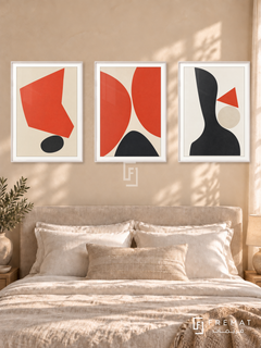Vermilion Balance — set of three complementary modern abstract artworks in White frames, shown at 50×70 cm each.