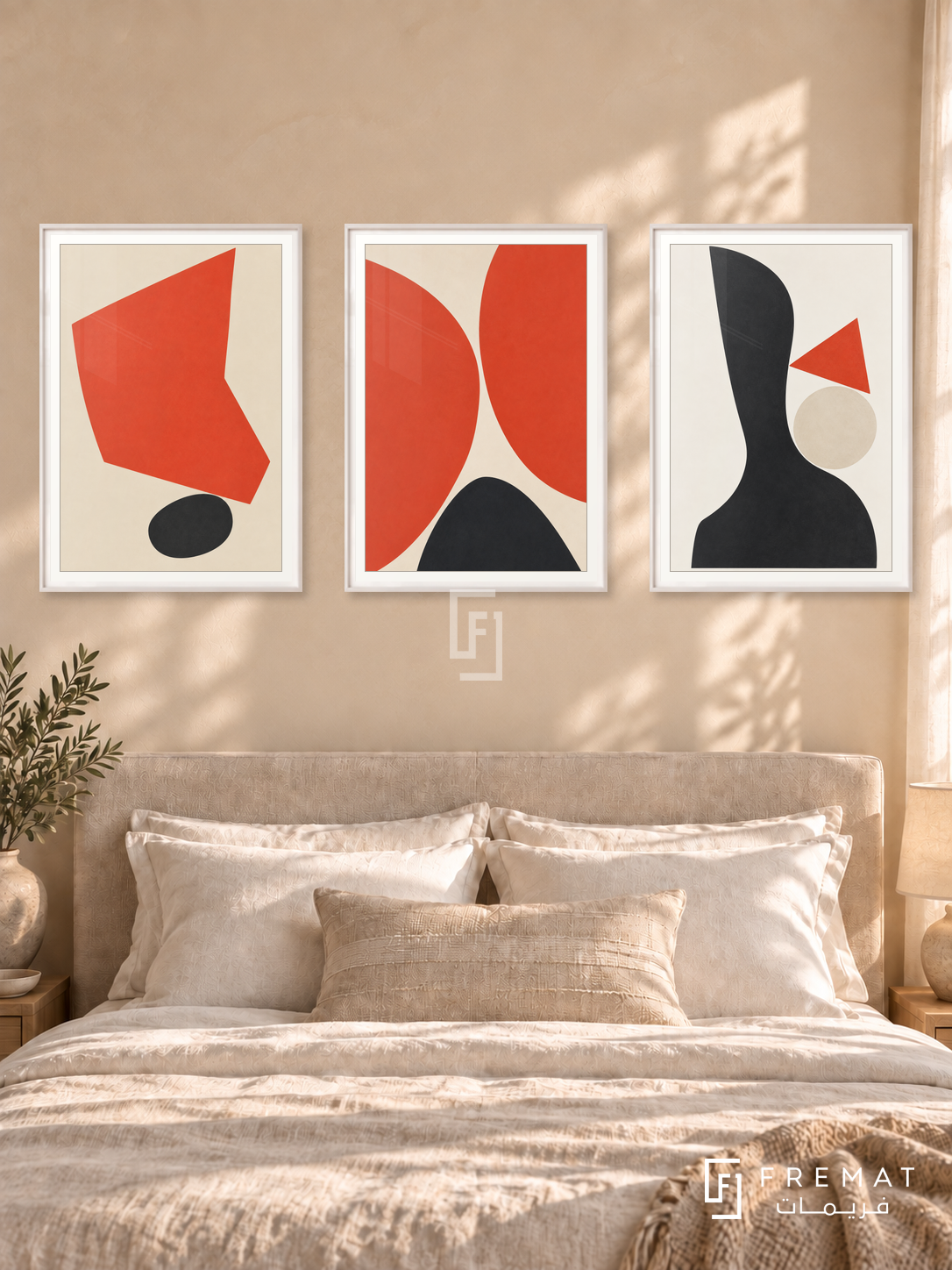 Vermilion Balance — set of three complementary modern abstract artworks in White frames, shown at 50×70 cm each.