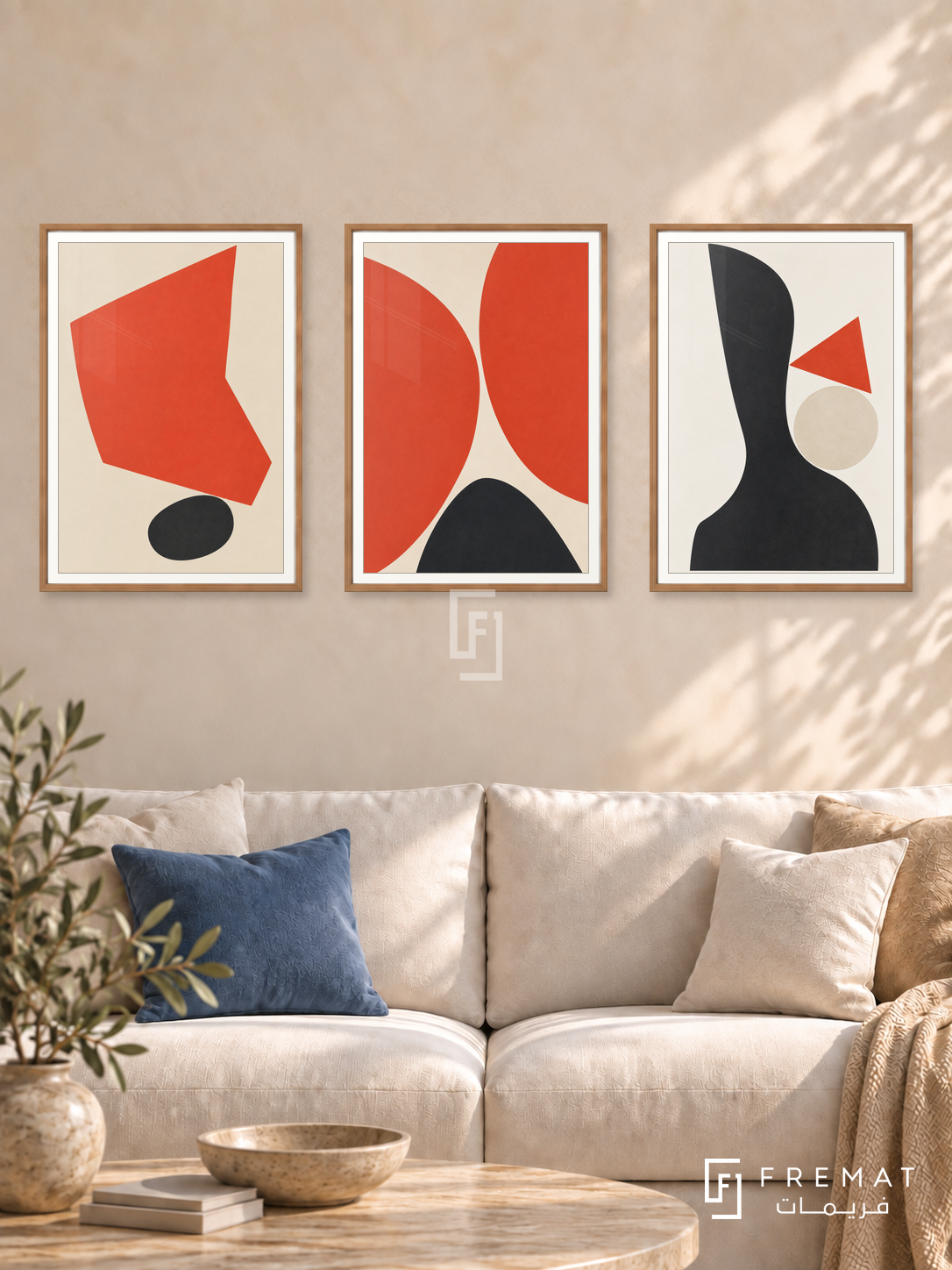 Vermilion Balance — set of three complementary modern abstract artworks in Wooden Texture frames, shown at 50×70 cm each.