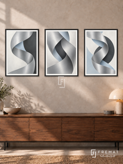 Quiet Chrome — set of three complementary modern abstract artworks in Black frames, shown at 50×70 cm each.
