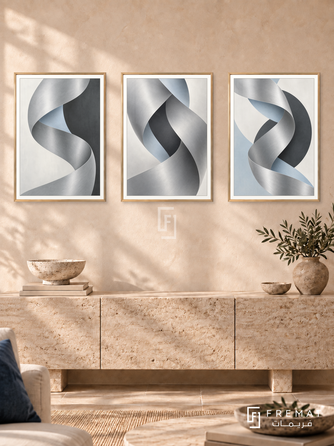 Quiet Chrome — set of three complementary modern abstract artworks in Gold frames, shown at 50×70 cm each.