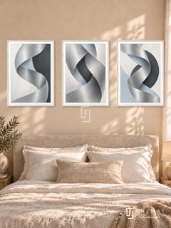 Quiet Chrome — set of three complementary modern abstract artworks in White frames, shown at 50×70 cm each.
