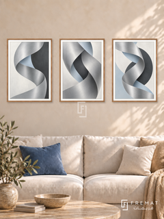 Quiet Chrome — set of three complementary modern abstract artworks in Wooden Texture frames, shown at 50×70 cm each.