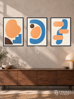 Apricot Play — set of three complementary modern abstract artworks in Black frames, shown at 50×70 cm each.