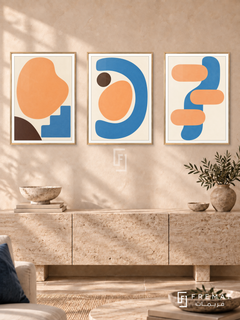 Apricot Play — set of three complementary modern abstract artworks in Gold frames, shown at 50×70 cm each.