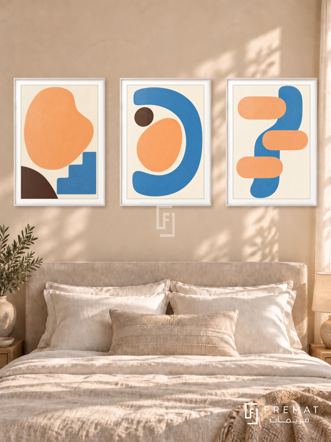 Apricot Play — set of three complementary modern abstract artworks in White frames, shown at 50×70 cm each.