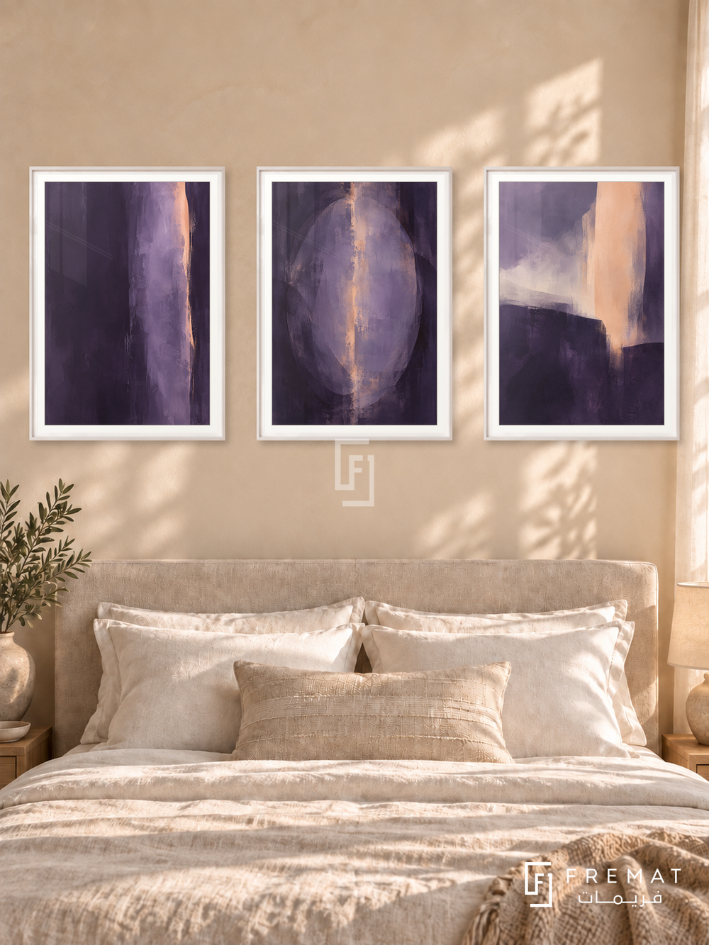 Violet Nocturne — set of three complementary modern abstract artworks in White frames, shown at 50×70 cm each.