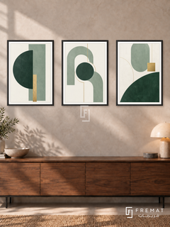 Sage Geometry — set of three complementary modern abstract artworks in Black frames, shown at 50×70 cm each.