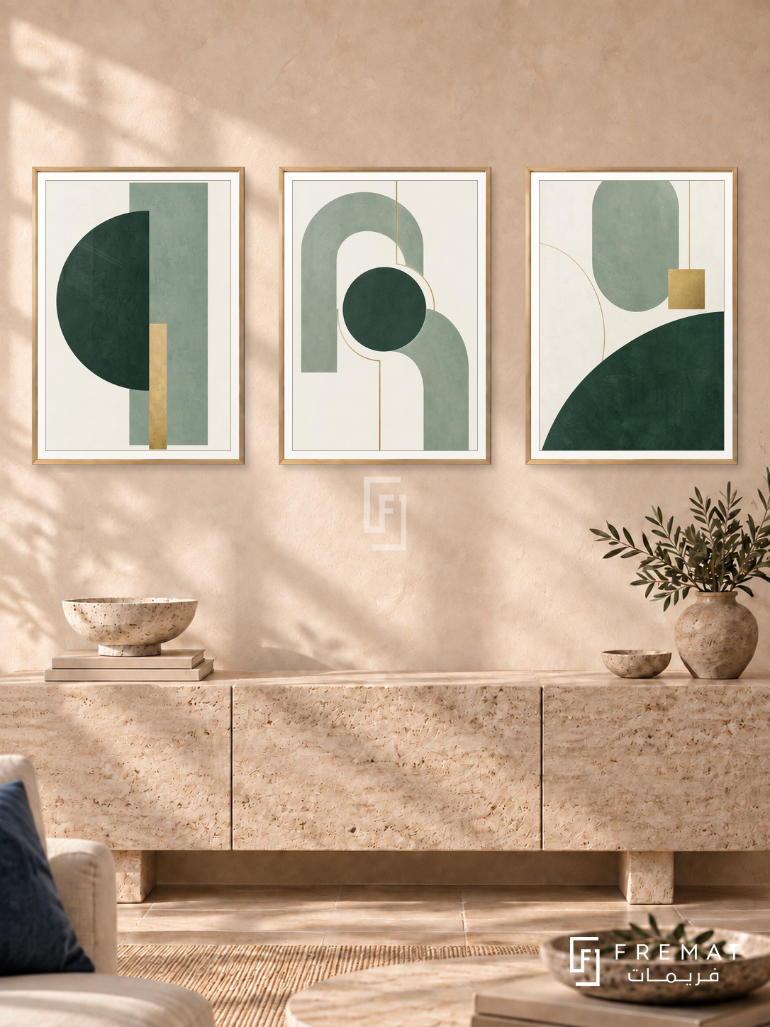 Sage Geometry — set of three complementary modern abstract artworks in Gold frames, shown at 50×70 cm each.