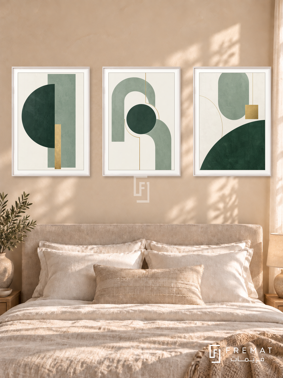Sage Geometry — set of three complementary modern abstract artworks in White frames, shown at 50×70 cm each.