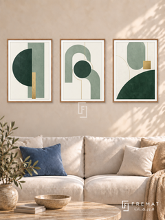 Sage Geometry — set of three complementary modern abstract artworks in Wooden Texture frames, shown at 50×70 cm each.