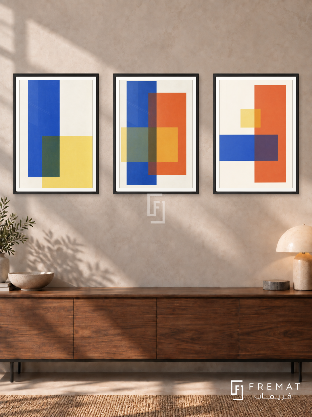 Chromatic Windows — set of three complementary modern abstract artworks in Black frames, shown at 50×70 cm each.