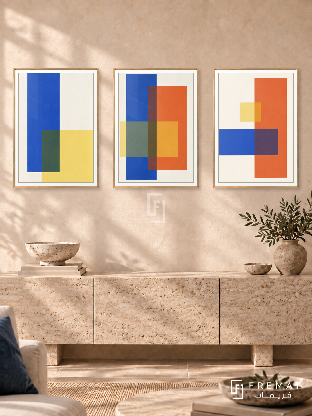 Chromatic Windows — set of three complementary modern abstract artworks in Gold frames, shown at 50×70 cm each.
