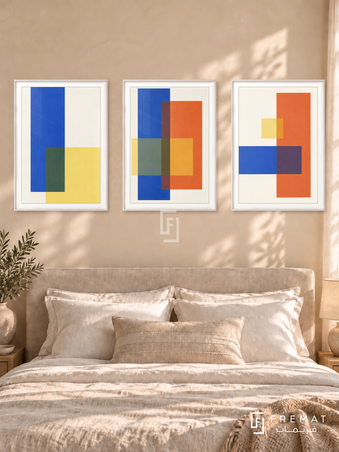 Chromatic Windows — set of three complementary modern abstract artworks in White frames, shown at 50×70 cm each.