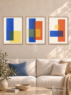 Chromatic Windows — set of three complementary modern abstract artworks in Wooden Texture frames, shown at 50×70 cm each.