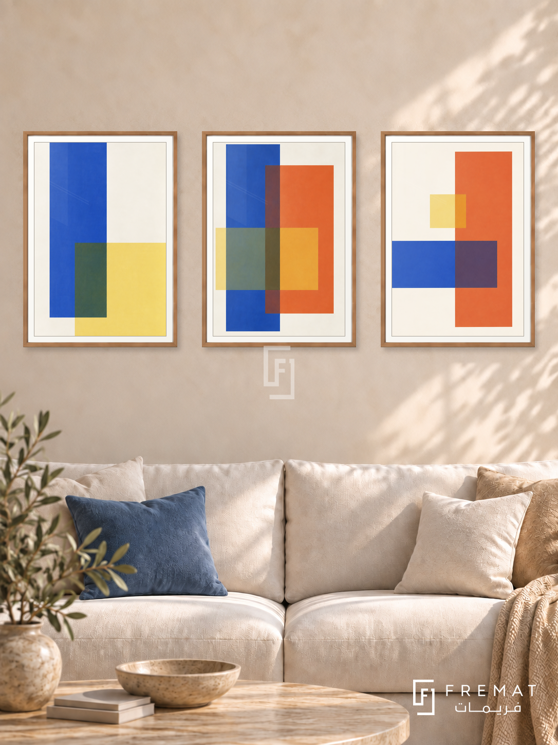 Chromatic Windows — set of three complementary modern abstract artworks in Wooden Texture frames, shown at 50×70 cm each.