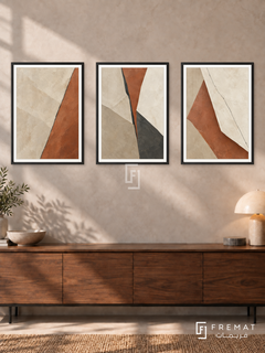 Sandstone Fracture — set of three complementary modern abstract artworks in Black frames, shown at 50×70 cm each.