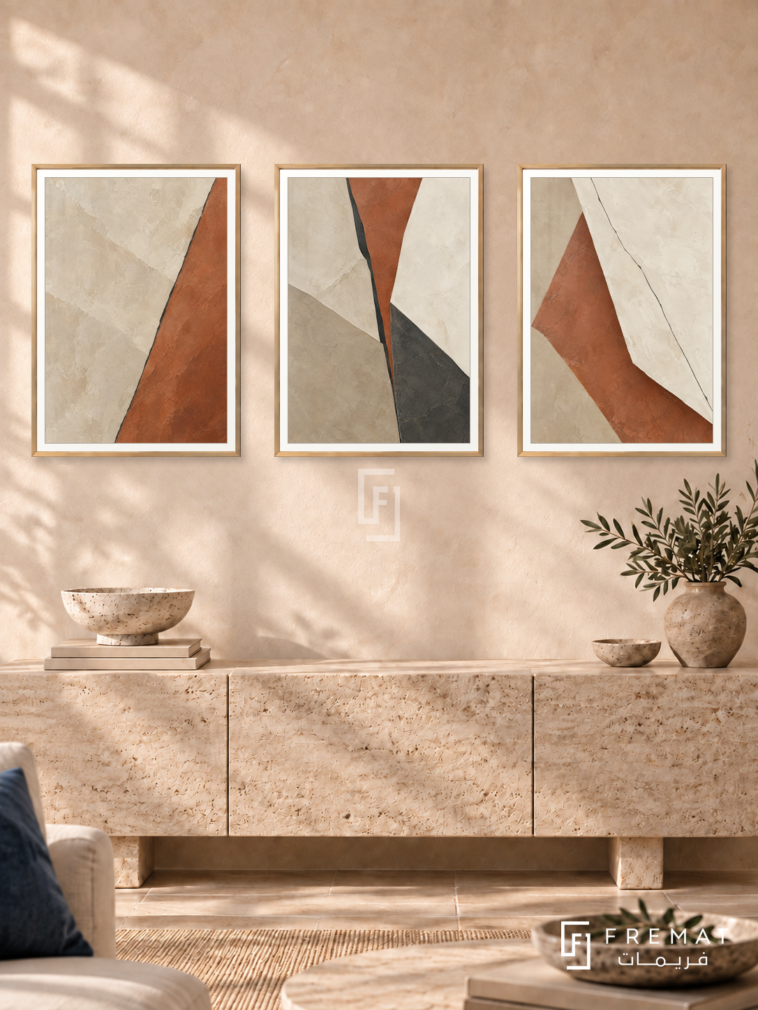 Sandstone Fracture — set of three complementary modern abstract artworks in Gold frames, shown at 50×70 cm each.