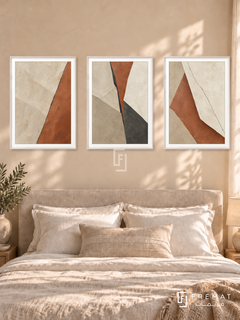 Sandstone Fracture — set of three complementary modern abstract artworks in White frames, shown at 50×70 cm each.