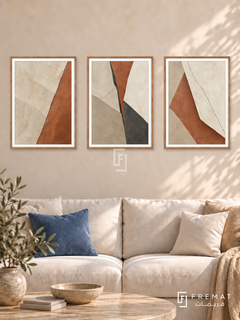 Sandstone Fracture — set of three complementary modern abstract artworks in Wooden Texture frames, shown at 50×70 cm each.