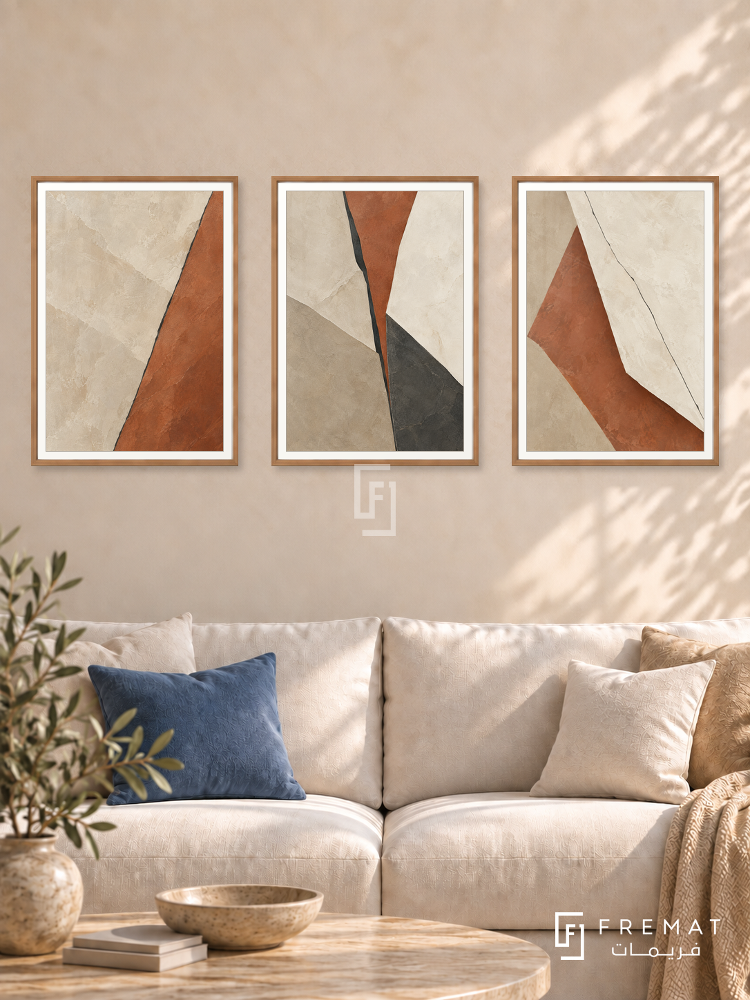Sandstone Fracture — set of three complementary modern abstract artworks in Wooden Texture frames, shown at 50×70 cm each.