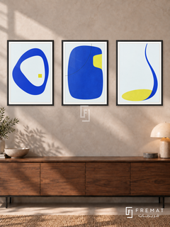 Electric Calm — set of three complementary modern abstract artworks in Black frames, shown at 50×70 cm each.