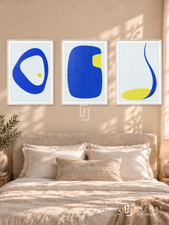 Electric Calm — set of three complementary modern abstract artworks in White frames, shown at 50×70 cm each.