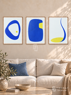 Electric Calm — set of three complementary modern abstract artworks in Wooden Texture frames, shown at 50×70 cm each.