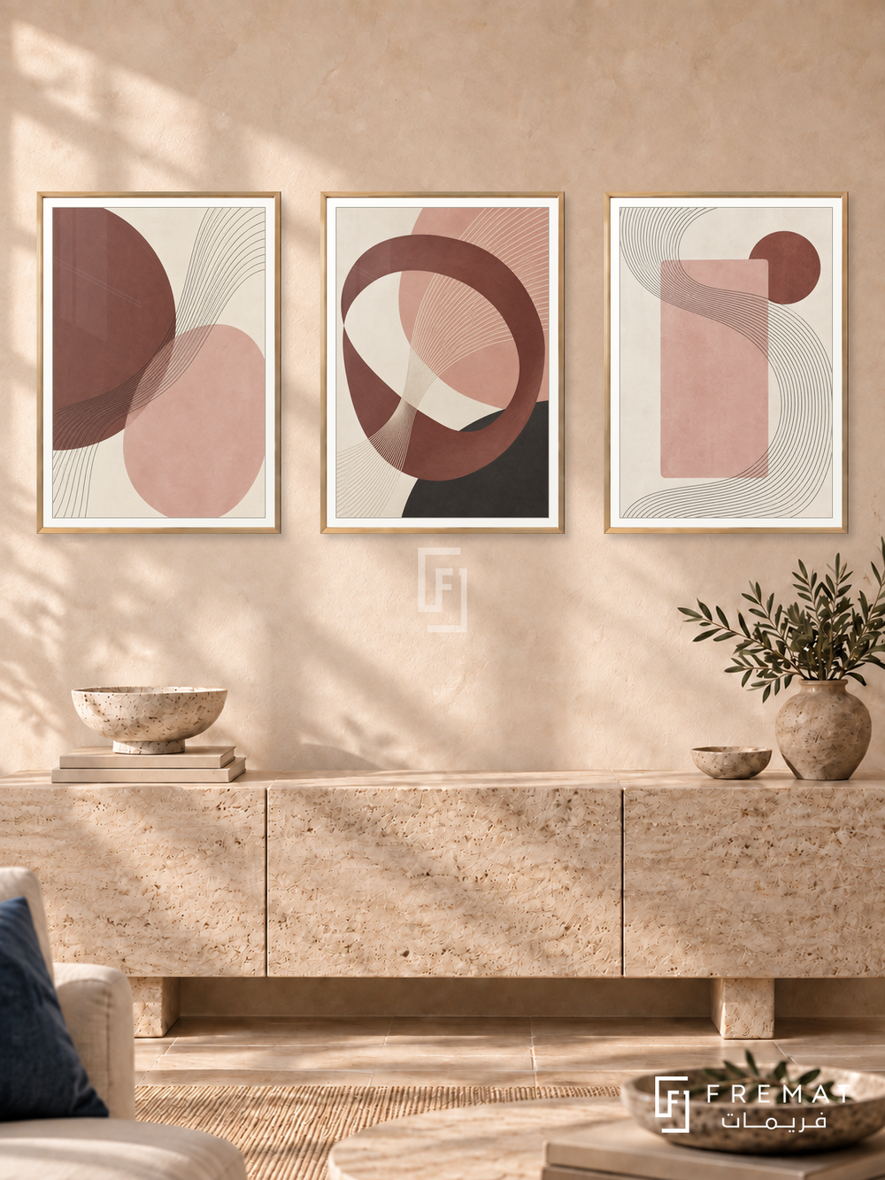 Rosewood Lines — set of three complementary modern abstract artworks in Gold frames, shown at 50×70 cm each.