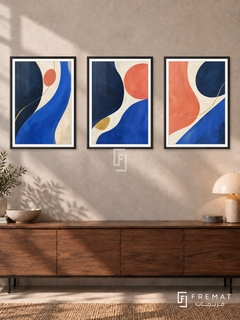Grand Confluence — set of three complementary modern abstract artworks in Black frames, shown at 50×70 cm each.